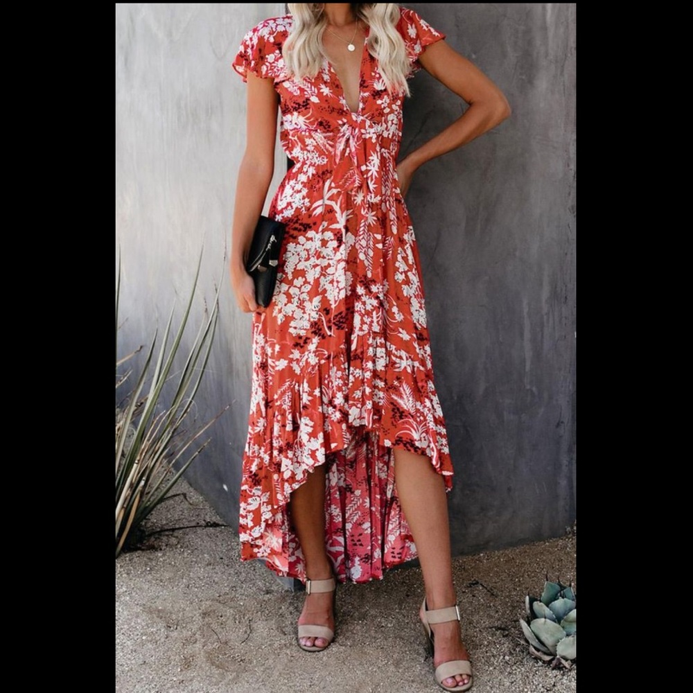 VICI Cover Look Red Floral High Low Tie Midi Maxi Dress Size Small